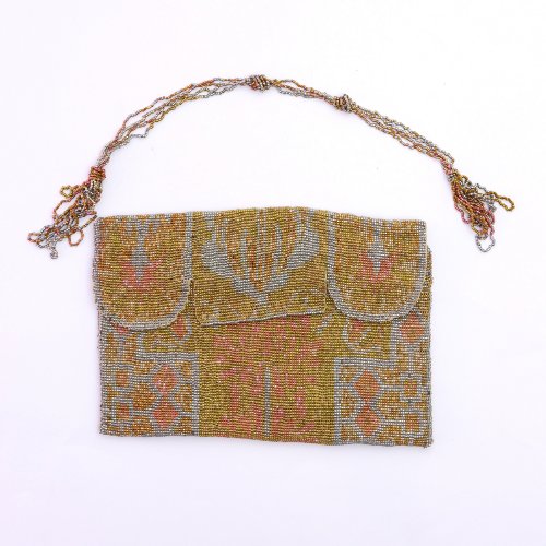 Steel bead flap pouch with a geometric pattern, c. 1910