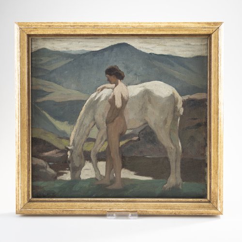 Unbekleidete, ein Pferd tränkend, um 1910