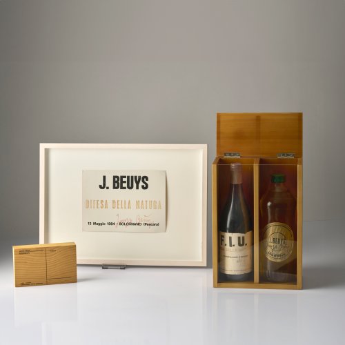 Bundle of multiples: 'Holzpostkarte', 'Vino F.I.U.', olive oil bottle, invitation card 'Difesa della Natura', 1974-84