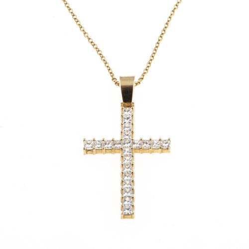 Classic cross pendant necklace decorated with princess cut diamonds